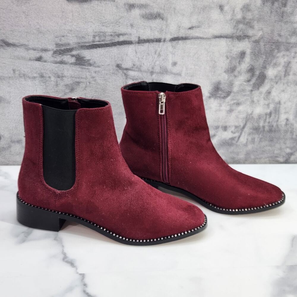 Bebe Midolo Women's Wine Maroon Boots Size 8 Faux Suede and Rhinestones